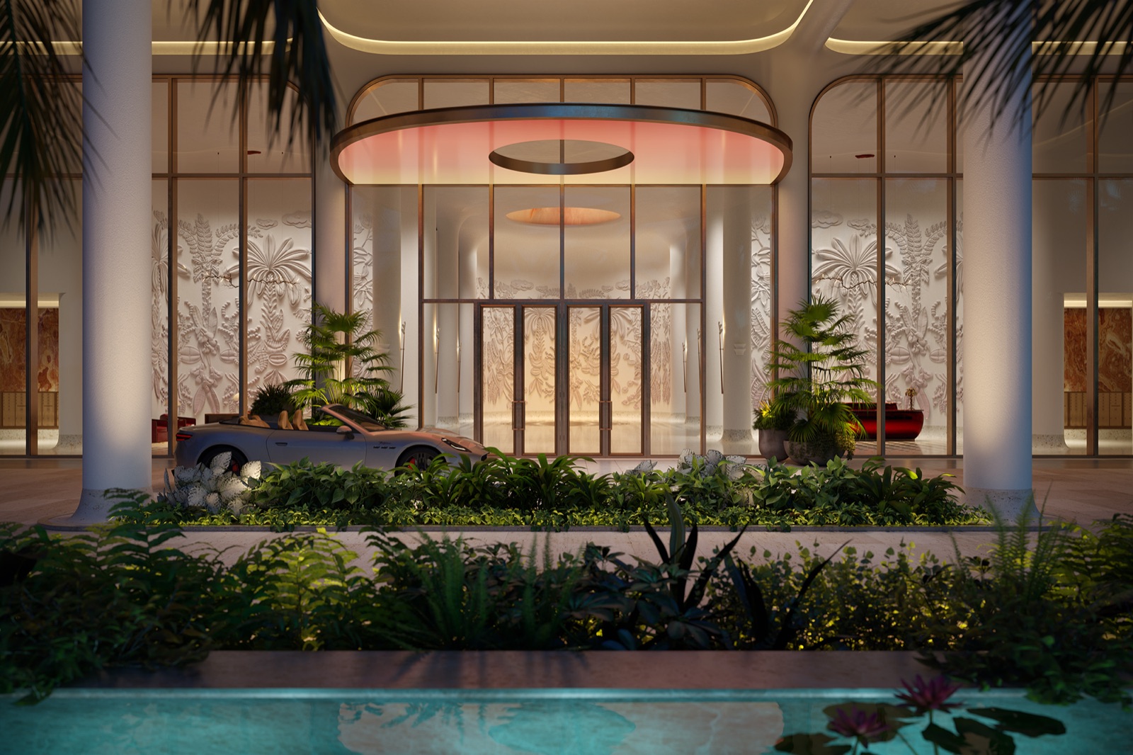 Faena Residences Miami arrival sequence along the 14-acre Faena District Miami River, with landscaped riverfront gardens by Sasaki.