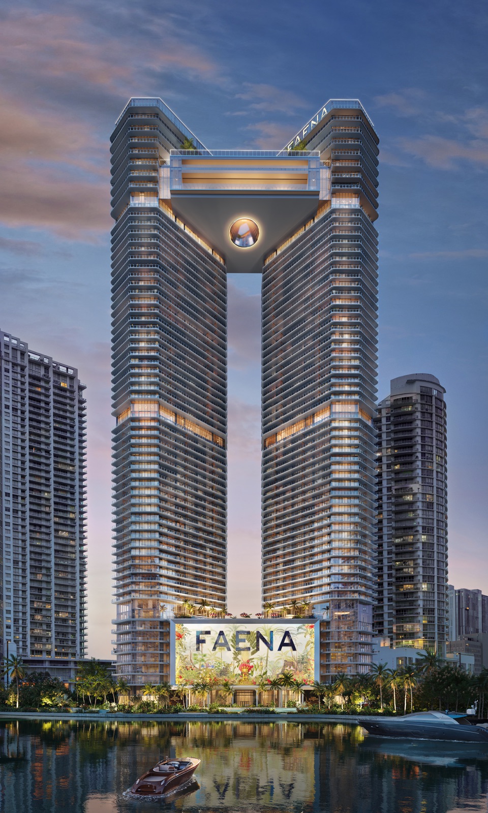 Faena Residences Miami — two 68-story riverfront towers connected by a 45,000 sq ft Sky Bridge, rising along the Miami River in downtown Miami.