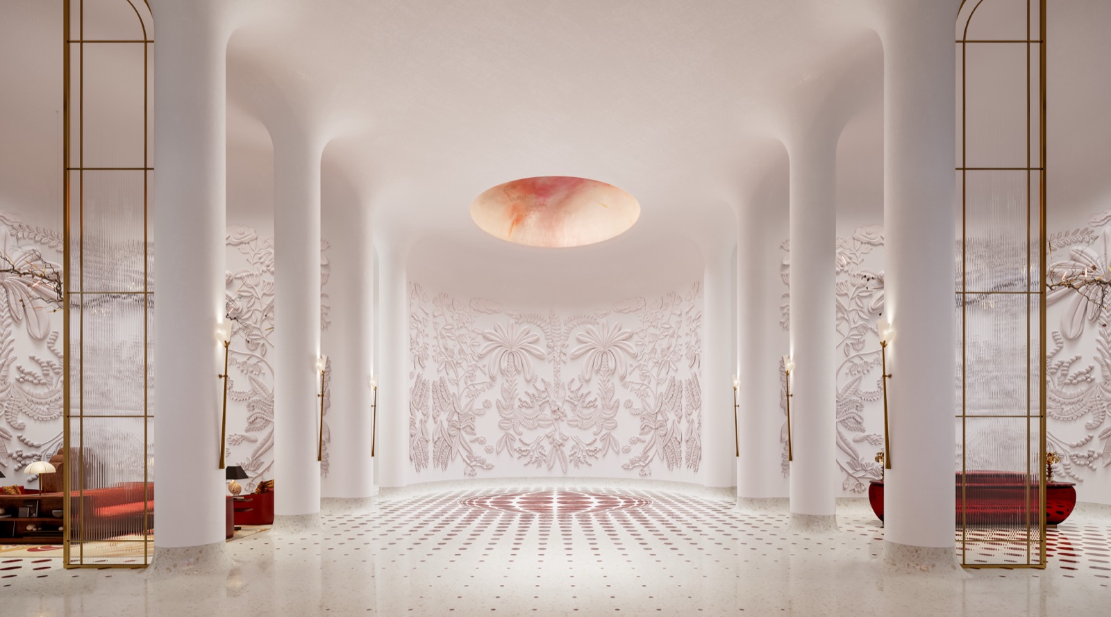 The Cathedral — Faena Residences Miami's immersive lobby with the Juan Gatti mural depicting a community blooming on the bed of the Miami River.