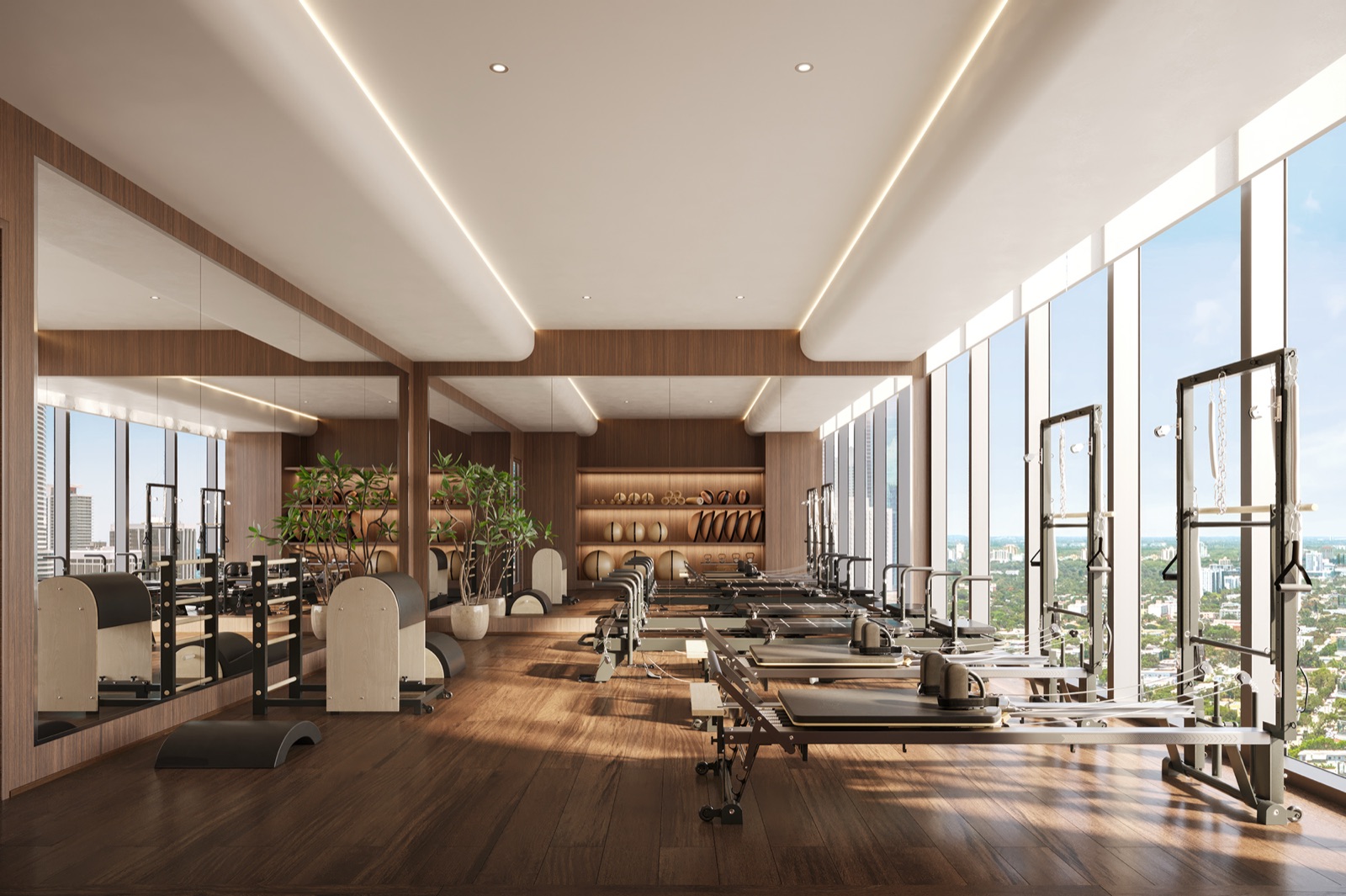 Pilates and yoga movement studio with reformer equipment.