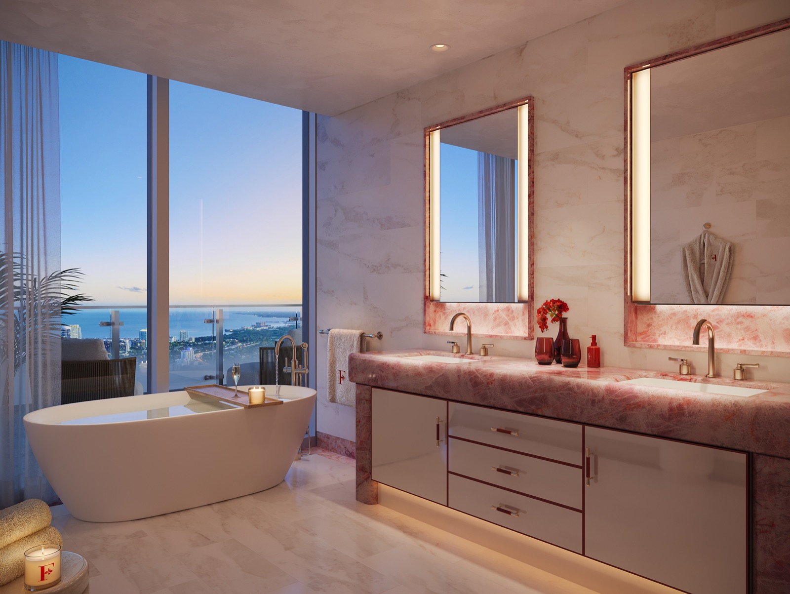 Primary bathroom with handcrafted stone vanity, integrated mirrored medicine cabinets, natural stone walls, and THG fixtures.