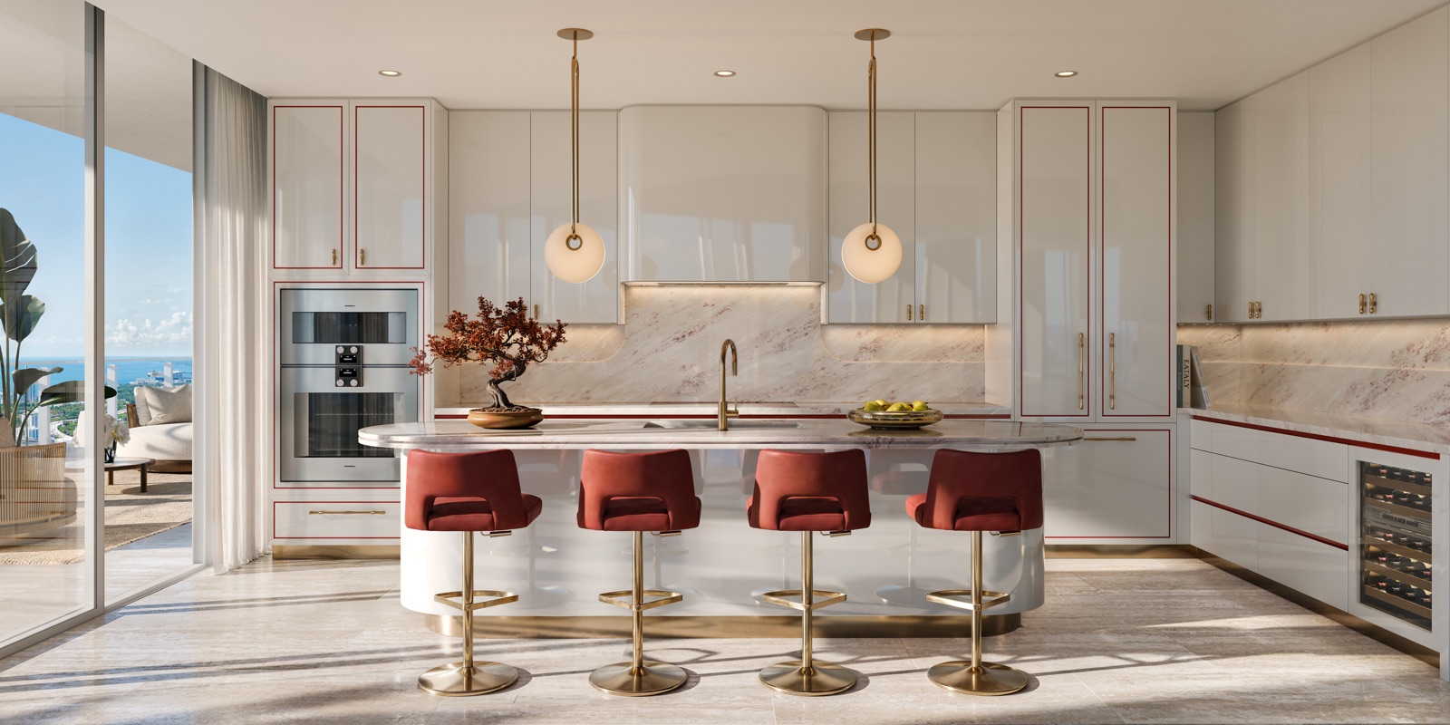 Custom Italian cabinetry kitchen with Gaggenau appliance package, natural stone countertops, and THG fixtures.