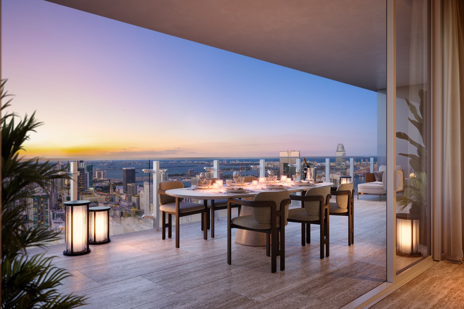 10-foot-deep outdoor terrace at Faena Residences Miami with floor-to-ceiling impact-resistant sliding glass doors.